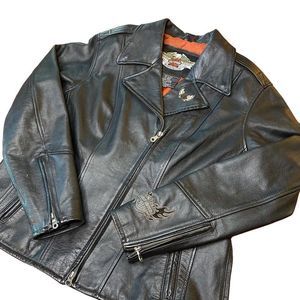 Harley Davidson Leather Jacket Women's XL Black Bikes Flames Studded Y2K Zip UP